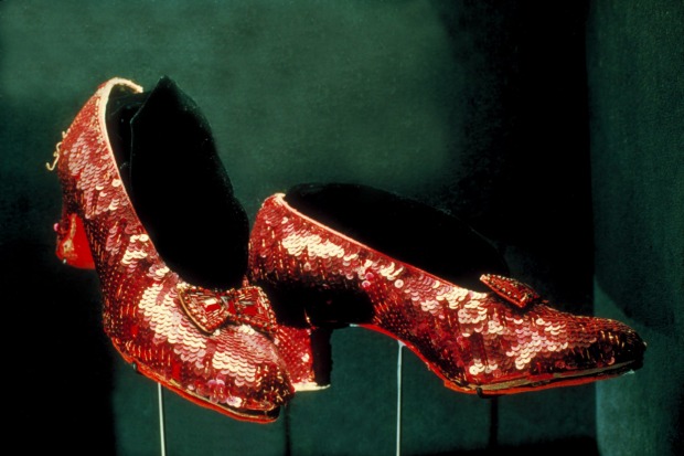Red ruby shoes worn by Judy Garland as Dorothy in 'The Wizard of Oz' on display at Smithsonian Museum.