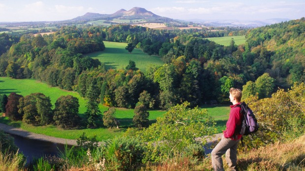 The view across the River Tweed to Eildon Hills.