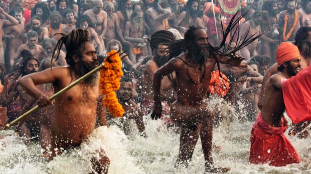 Hindu holy men at the Kumbh Mela.