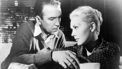 James Stewart and Kim Novak in a scene from Vertigo.