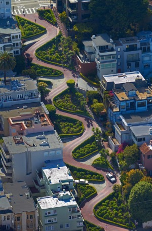 Lombard Street, which is claimed to be the world's most crooked street, in the Russian Hill neighbourhood of San Francisco.