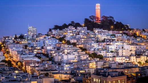 Coit Tower on Telegraph Hill above the city's skyline.