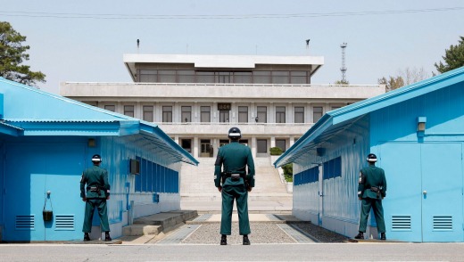 South Korean soldiers stand guard at the Military Demarcation Line in the Demilitarized Zone (DMZ) in the border village ...