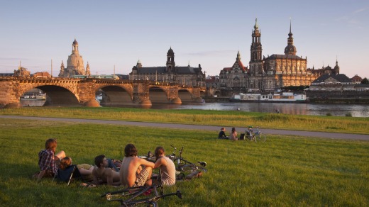 Dresden castle in the evening light, from over the Elbe river.