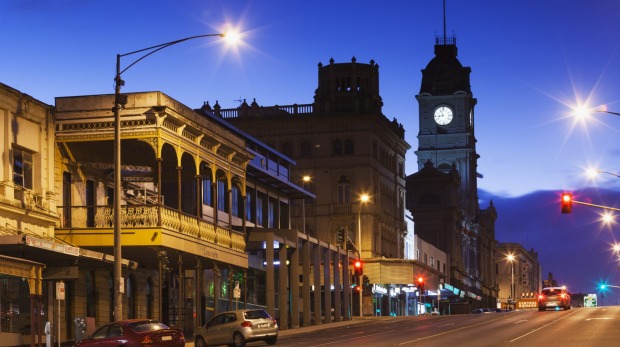 Heritage fold rush-era architecture lined along Sturt Street, Ballarat.