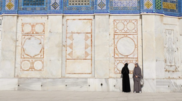 Two Muslim women in front of the Dome of the Rock on the Temple Mount in Jerusalem, Israel.