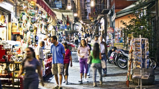 The tourist souvenir shops and cafes in the historical old town of Naples.