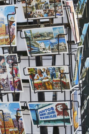 Souvenir postcards on display in Habana Vieja.
