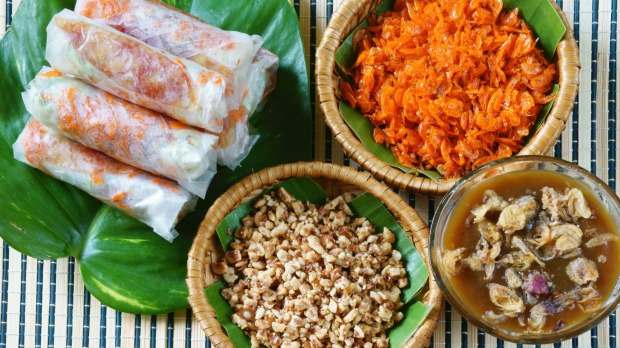 Vietnamese rice paper rolls, traditionally sold street-side in Vietnam.