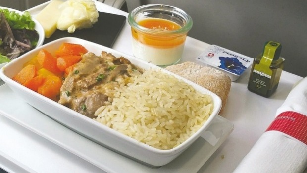 A business-class meal of chicken with a delicious mushroom sauce, a fresh garden salad, a cheese board and a yogurt ...