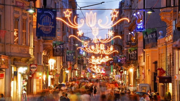 An evening view along the shopping thoroughfare of Istiklal Caddesi in the Beyoglu district of the city.