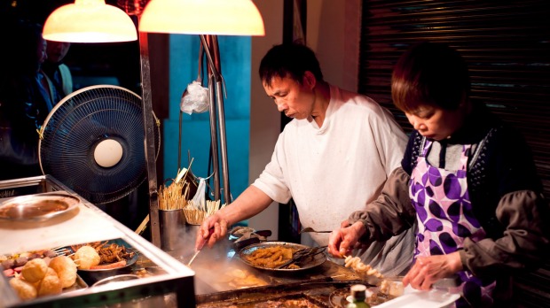 A Macau street food stall serves up its meaty treats.