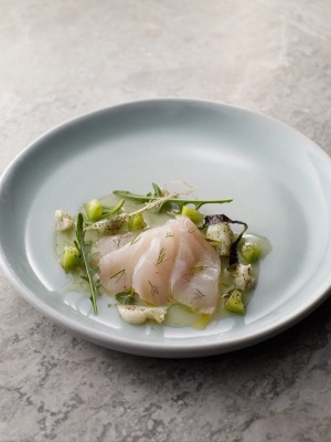 Hapuku, cured with orange and celeriac, pickles.