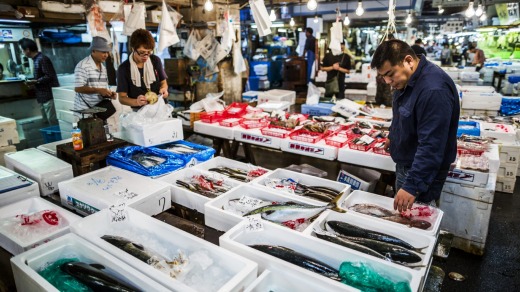 Buyers and sellers at the Tsukiji fish market in Tokyo.