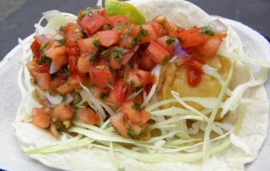 A fish taco from Tacofino is packed with fresh ingredients.
