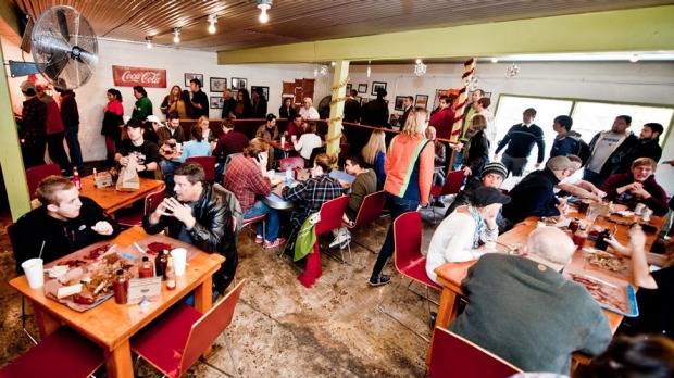 Diners feast at Franklin Barbecue in Austin.