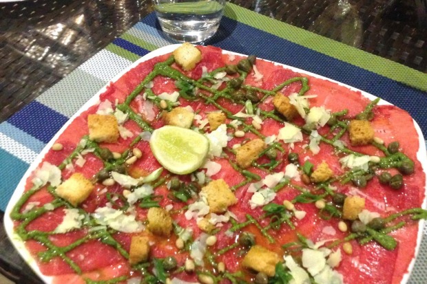 Beef carpaccio with basil sauce at Au Fare.