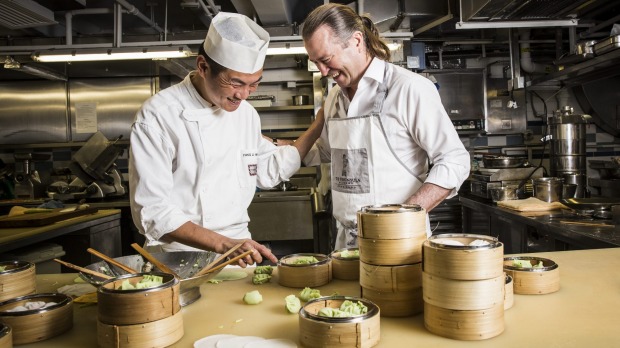 Dumpling master Fong Li Hing (left) with chef Neil Perry.