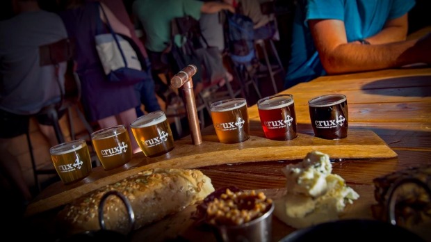 A beer paddle at Crux Fernentation Project, Bend, Oregon.