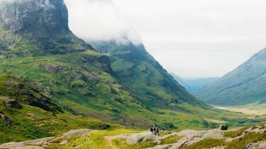 The Pass of Glencoe with the craggy back drop of the Three Sisters.