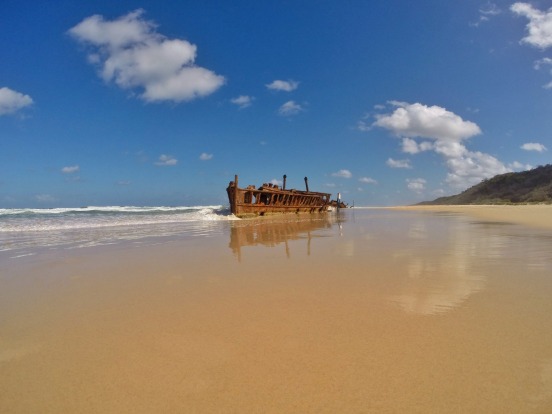 SS Maheno, shipwrecked on 75 Mile Beach during World War II after being used as a hospital ship.