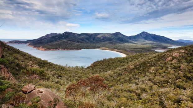 Hobart to Launceston, via Tasmania's east coast: Wineglass Bay aerial view from mountain top lookout towards Hazards ...