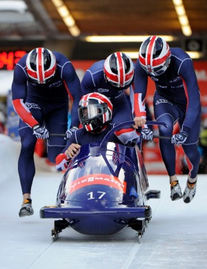 Britain's four-man bobsleigh team at the World Cup at the Igls track in 2013.