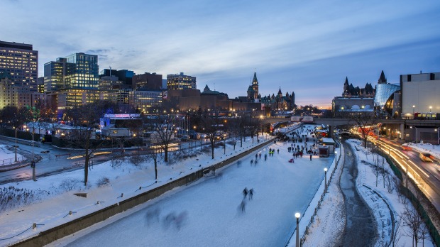 Skating on the Rideau Canal at night.