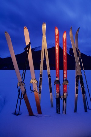 Backcountry skiers' skis stand propped snowbank,