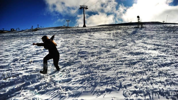 Snow covered grass and plenty of man made snow on the Bourke street run at Mt Buller for the opening this weekend.