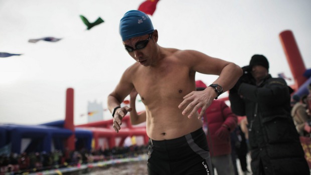 A swimmer prepares to dive into a pool carved from thick ice during an ice swimming competition at the Harbin ...