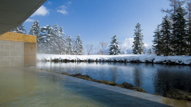 An outdoor onsen at the Hilton.