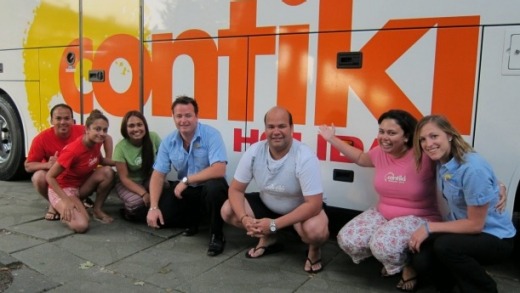 Sara Jackson and her husband Adam, pictured in the blue shirts, met while working for Contiki.
