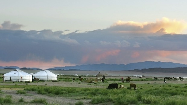The Mongolian landscape at sunset.