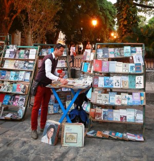 Book stalls line streets.