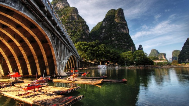 Bamboo rafts on the river.