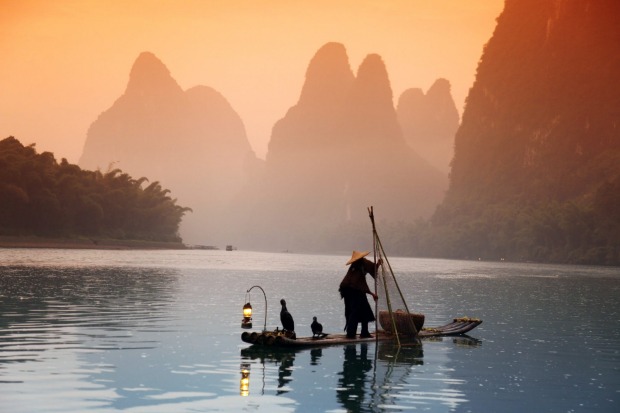 A local man fishing with cormorants on the river.