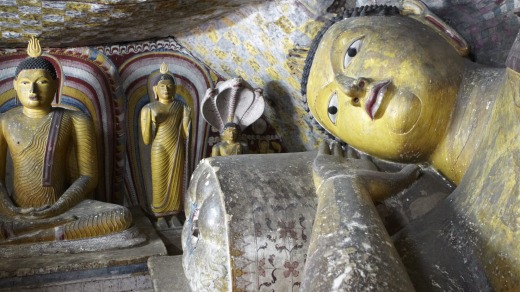 The giant statues at the Dambulla Caves.
