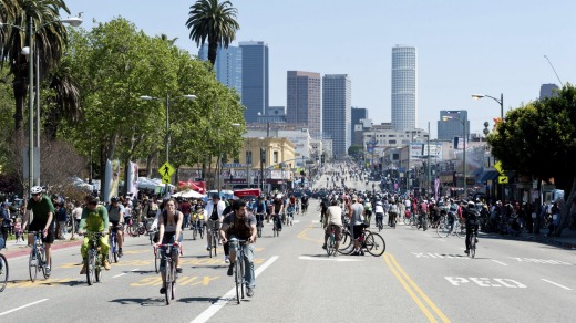 Friendly streets: Downtown LA and its annual CicLAvia Bike event.