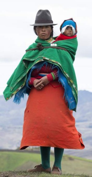 An Ecuadorian highlands woman and child in traditional costume.