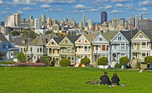 Urbane character ... a couple on the lawn in Alamo Square.
