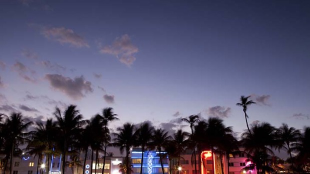 Miami fusion ... the neon skyline on Ocean Drive, South Beach.