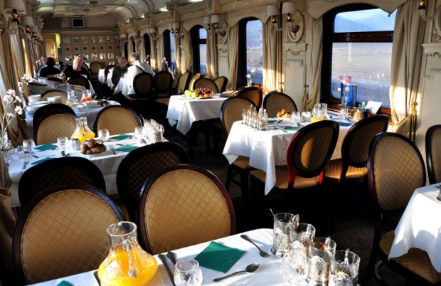 Breakfast service on the Restaurant Car on a Golden Eagle luxury train.