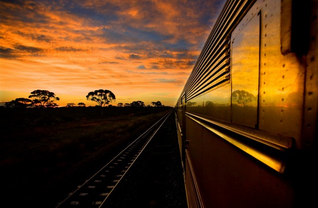 The sun sets east of Kalgoorlie on the Indian Pacific train journey.