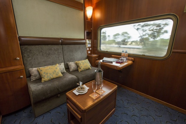 A Platinum-class compartment in day-mode aboard the Indian Pacific train that journeys between Sydney and Perth.