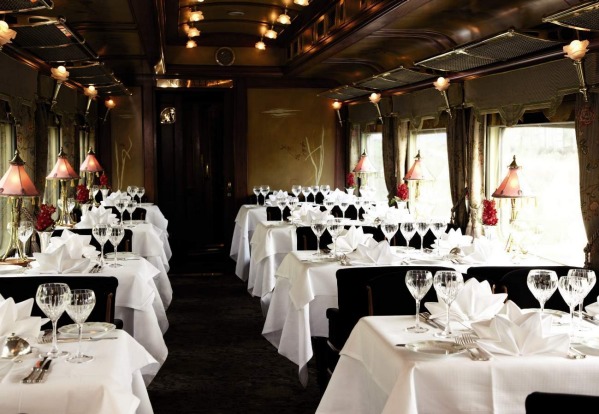 The dining car aboard the Eastern & Oriental Express.