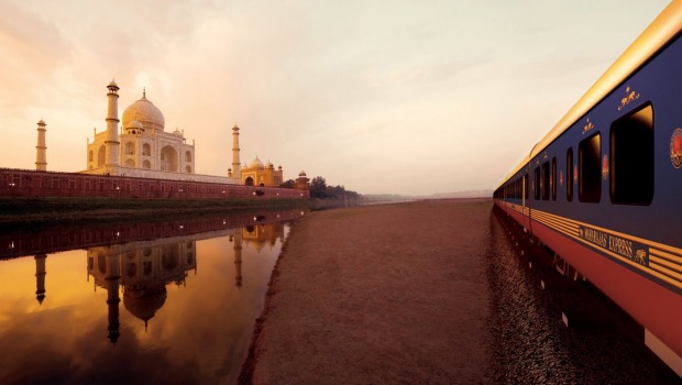 The Maharajas' Express passes the Taj Mahal.
