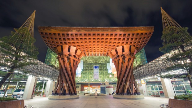 The futuristic train station at Kanazawa, in Japan's Ishikawa Province. The gate's architecture draws its inspiration ...