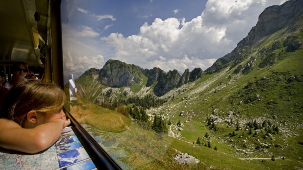 Spectacular views through wide windows from the Montreuxâ€“Glionâ€“Rochers-de-Naye railway in Switzerland.