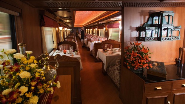 THE MOST EXPENSIVE TRAIN JOURNEY IN THE WORLD: The Safari Bar on board the Maharajas' Express.